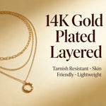 A gold layered necklace with a textured circular ring pendant, displayed on a warm beige background with text reading '14K Gold Plated Layered' and additional product benefits.