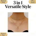 A 3-in-1 multi-layered gold necklace set shown on a model's neck and collarbone, featuring a paperclip chain, a delicate beaded chain, and a textured circular pendant. The image includes promotional text overlays reading '3 in 1 Versatile Style', 'Minimal Daily', 'Office Smart', and 'Normal Use'.