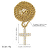 Gold chain with a cross pendant and measurements on a white background