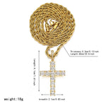 Gold chain with a cross pendant and measurements on a white background