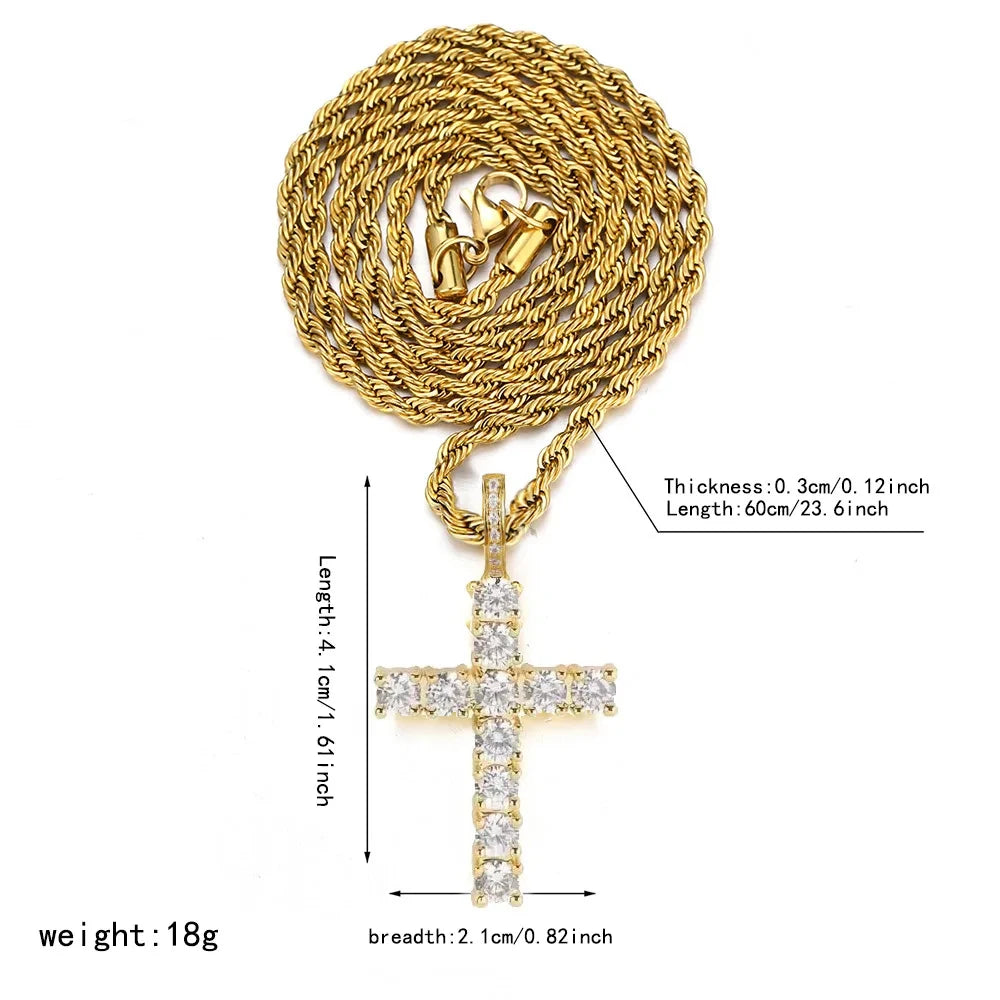 Gold chain with a cross pendant and measurements on a white background