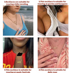Four images of necklaces worn by different people with text describing their suitability for various occasions.