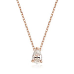 A pear-cut clear gemstone pendant necklace in a rose gold four-prong setting on a matching rose gold chain, shown against a plain white background.