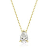 A pear-cut diamond pendant necklace in a yellow gold setting on a delicate gold chain, shown against a solid white background.