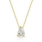 A pear-cut diamond pendant necklace in a yellow gold setting on a delicate gold chain, shown against a solid white background.