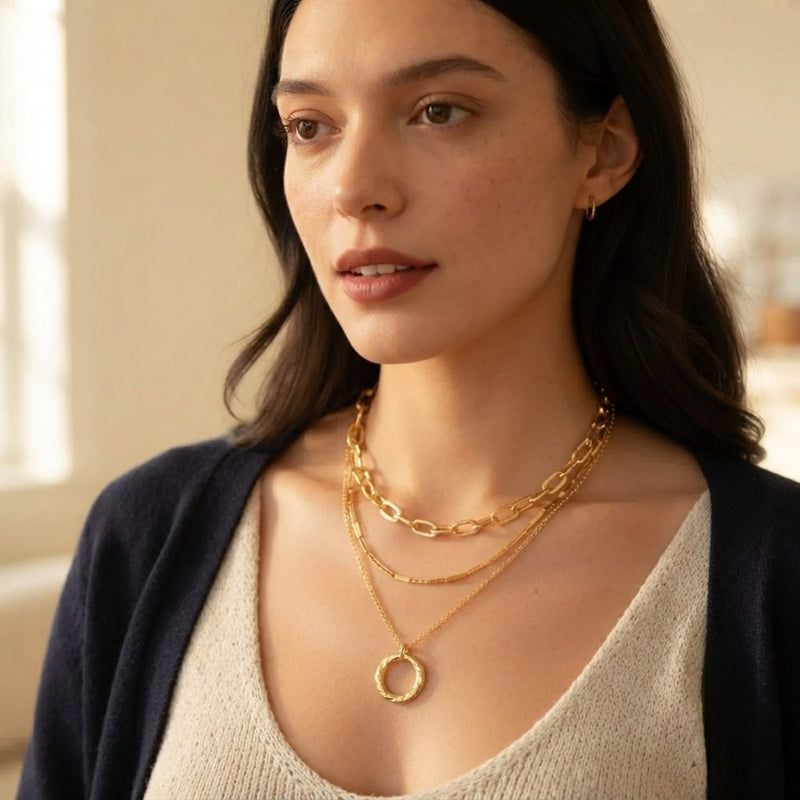 A woman wearing layered gold necklaces, including a chunky chain, a delicate chain, and a ring pendant, styled with a cream knit top and a navy cardigan.
