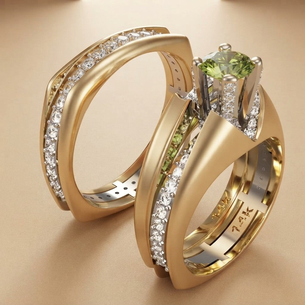 A close-up studio shot of two gold rings on a warm beige background. One ring has a large green gemstone and is flanked by rows of clear stones, while the other is a sleek curved gold band with a channel of clear stones.