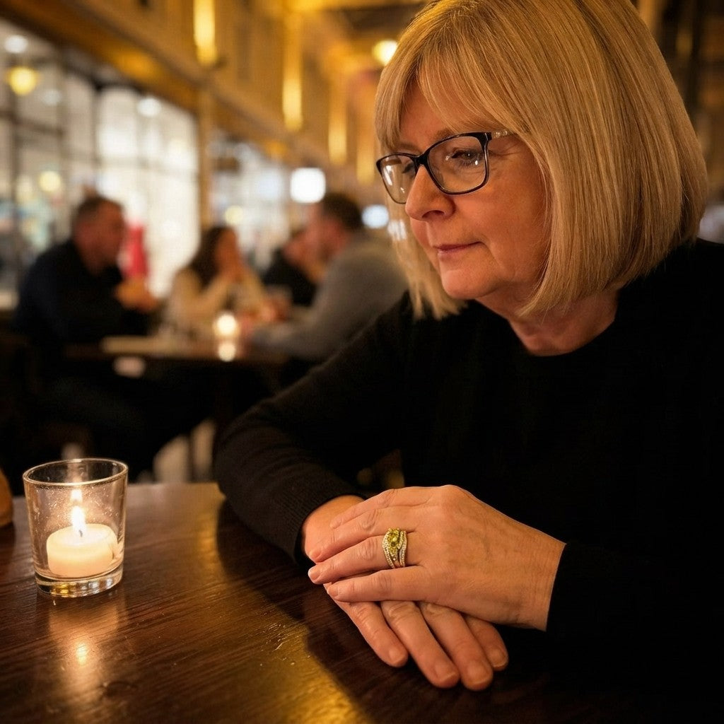 A woman with a blonde bob and black-rimmed glasses sits at a wooden table in a warmly lit restaurant or cafe, looking down thoughtfully. A small lit candle in a clear glass holder sits on the table beside her.