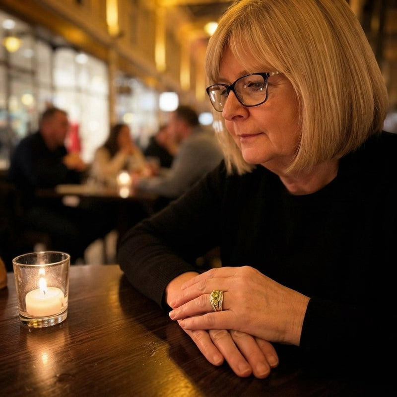 A woman with a blonde bob and black-rimmed glasses sits at a wooden table in a warmly lit restaurant or cafe, looking down thoughtfully. A small lit candle in a clear glass holder sits on the table beside her.